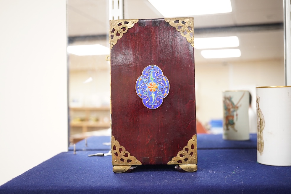 A Chinese brass mounted jewellery cabinet, decorated with enamel plaques. 21cm high. Condition - generally good